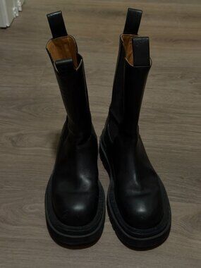 Bottega Veneta Lug Ankle Boots — Black Leather, Size 37